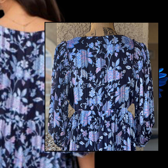 Pinkblush Navy Floral V-Neck Shimmer Midi Dress Size L - Picture 5 of 12